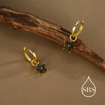 Black Flower CZ Huggie Hoop in Sterling Silver, Silver or Gold, Minimalist Simple Hoop Earrings, Detachable and Interchangeable