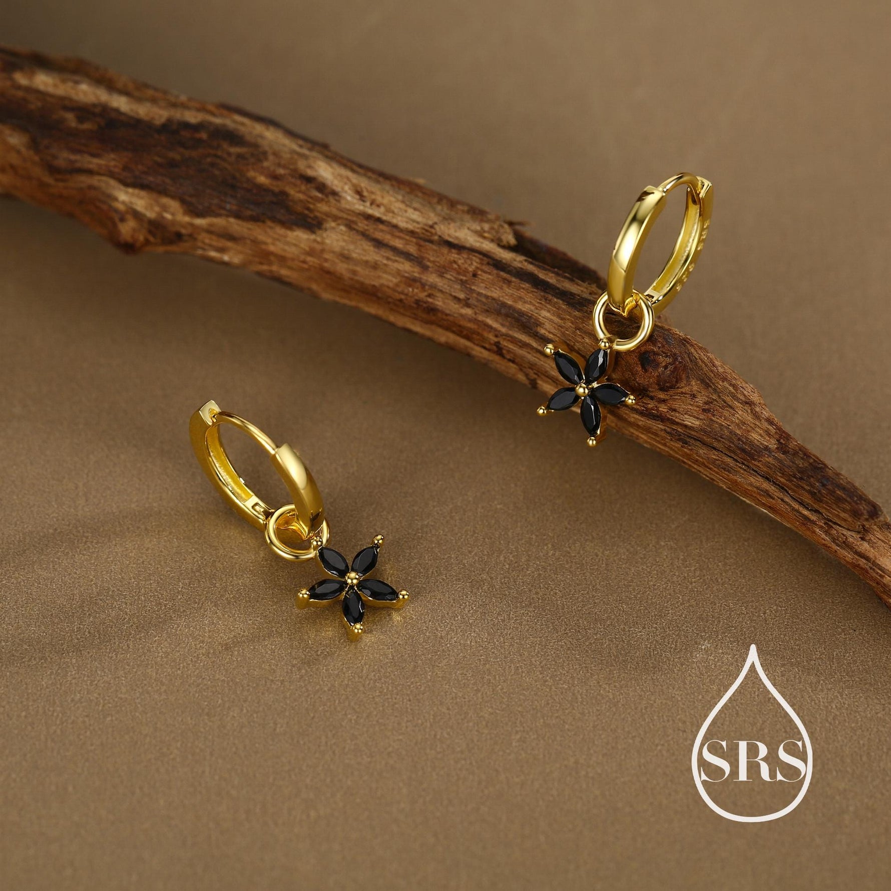 Black Flower CZ Huggie Hoop in Sterling Silver, Silver or Gold, Minimalist Simple Hoop Earrings, Detachable and Interchangeable