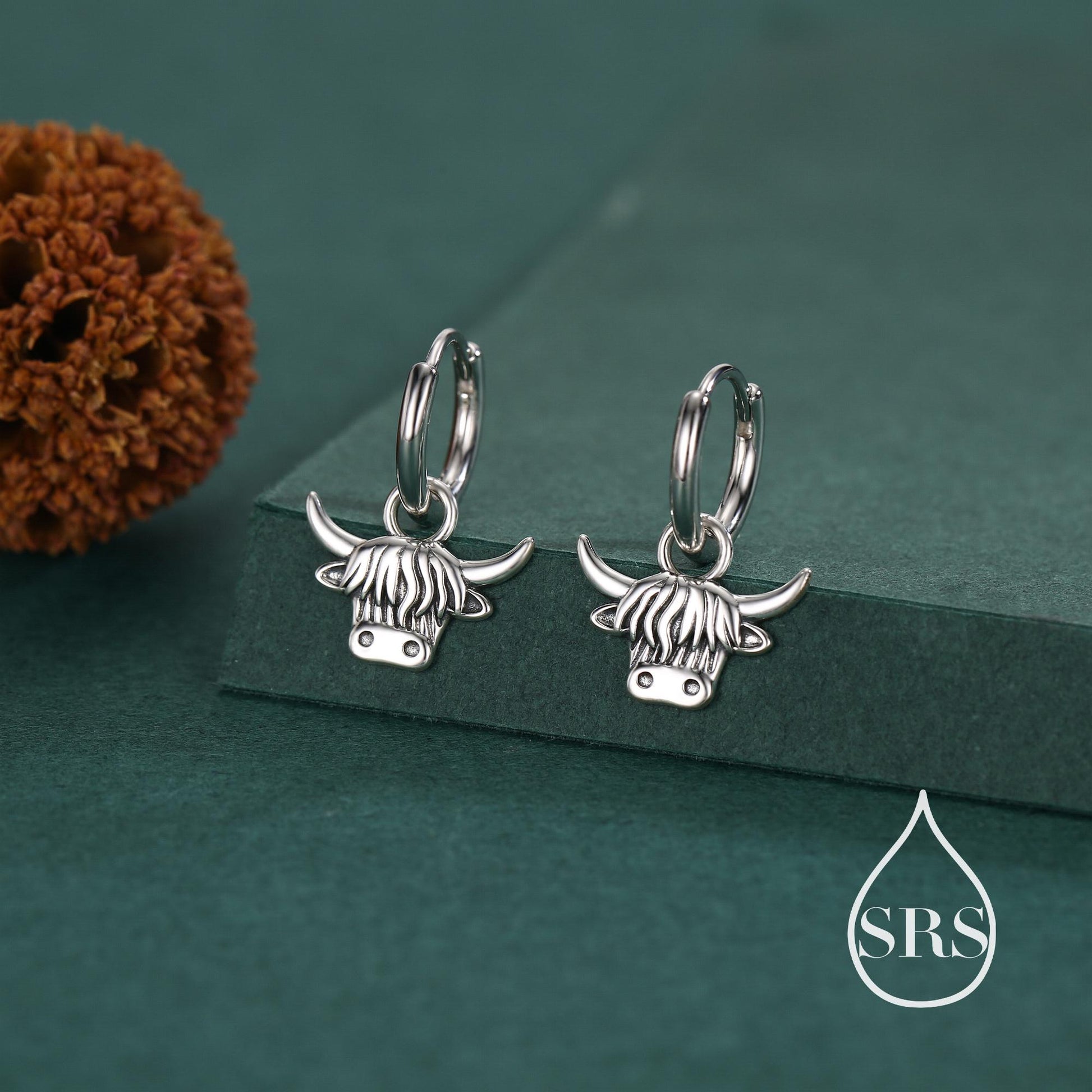 Sterling Silver Highland Cow Huggie Hoops with Detachable Charms
