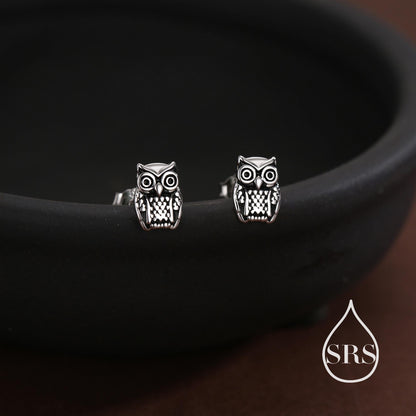 Owl Stud Earrings in Sterling Silver, Oxidised Silver Finish, Silver Animal Earrings, Nature Inspired Jewellery