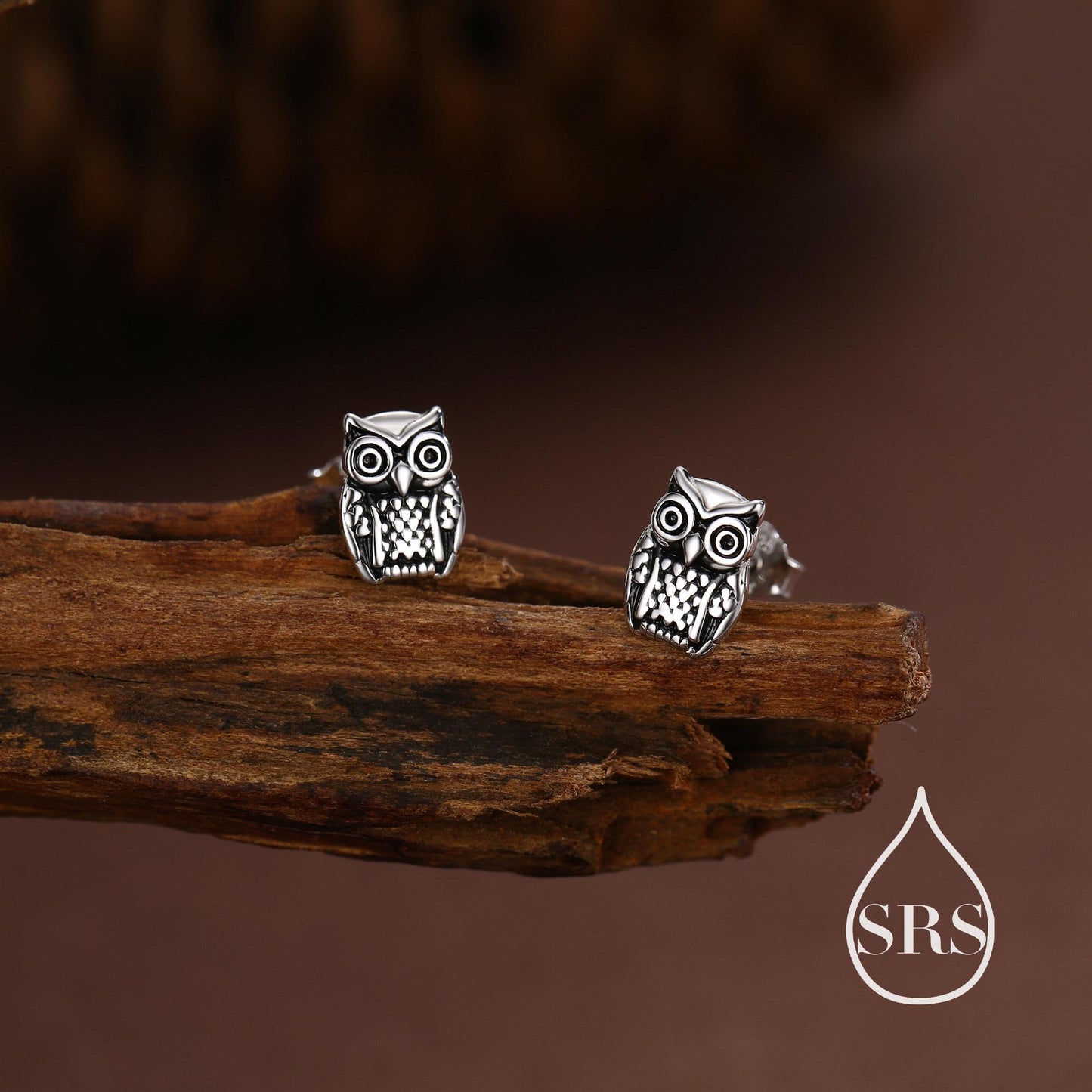 Owl Stud Earrings in Sterling Silver, Oxidised Silver Finish, Silver Animal Earrings, Nature Inspired Jewellery