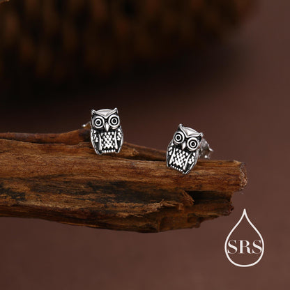 Owl Stud Earrings in Sterling Silver, Oxidised Silver Finish, Silver Animal Earrings, Nature Inspired Jewellery