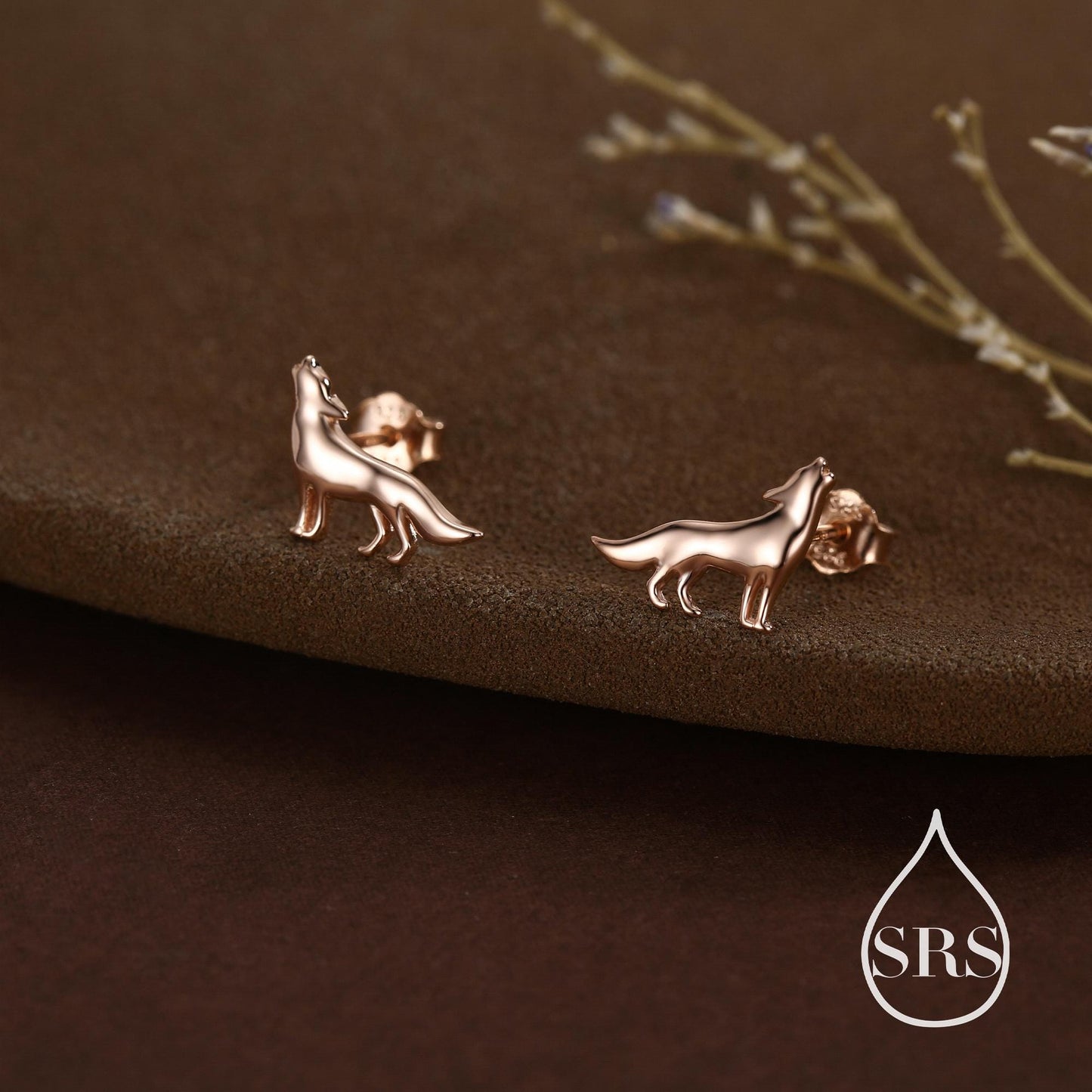 Howling Wolf Stud Earrings in Sterling Silver, Silver or Gold, Wolf Earrings, Nature Inspired Animal Earrings