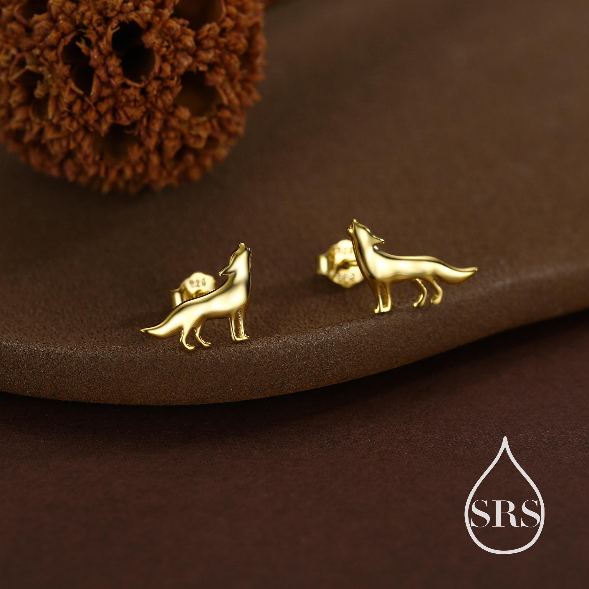 Howling Wolf Stud Earrings in Sterling Silver, Silver or Gold