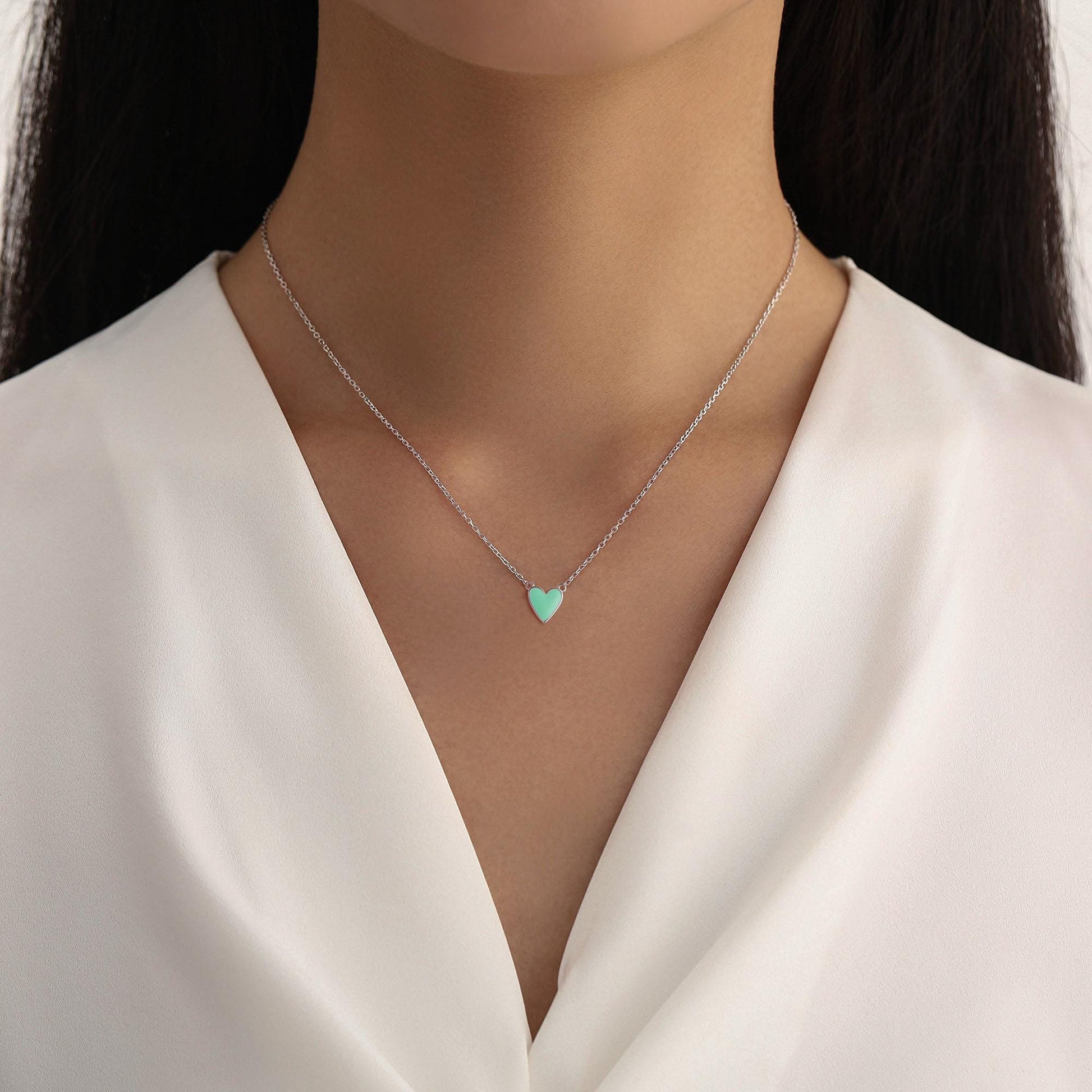 Teal Blue Enamel Heart Pendant Necklace in Sterling Silver, Blue Heart Necklace, Dainty and Tiny