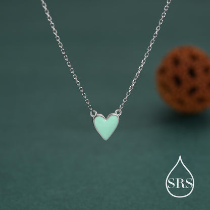 Teal Blue Enamel Heart Pendant Necklace in Sterling Silver, Blue Heart Necklace, Dainty and Tiny