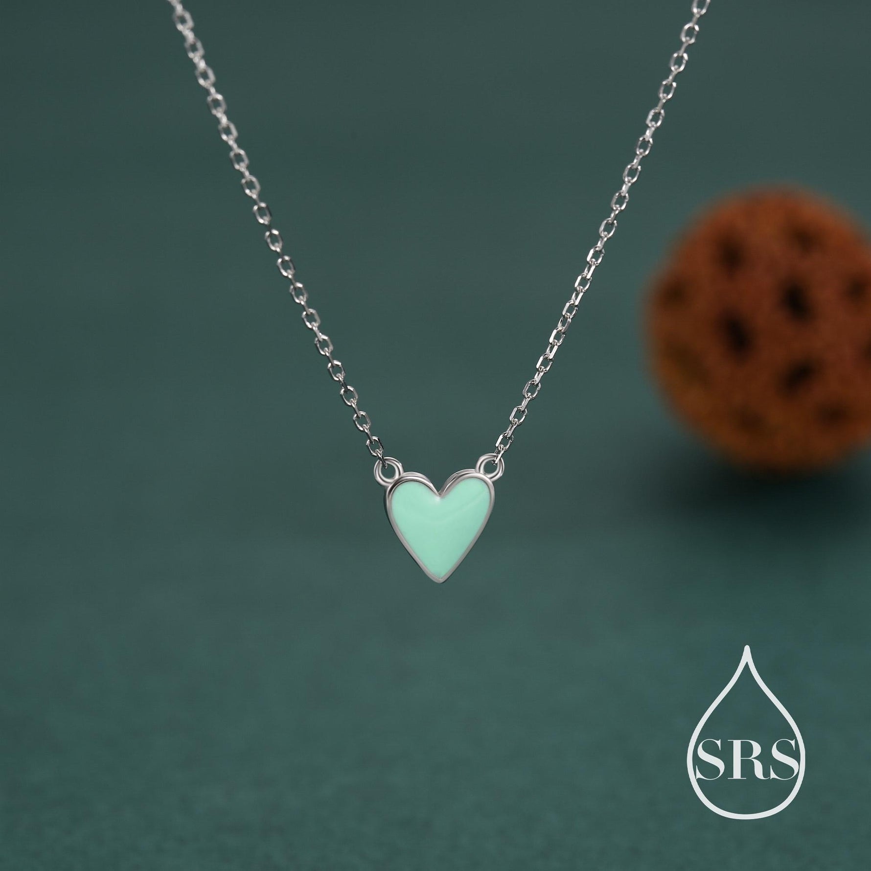 Teal Blue or Red Enamel Heart Pendant Necklace in Sterling Silver