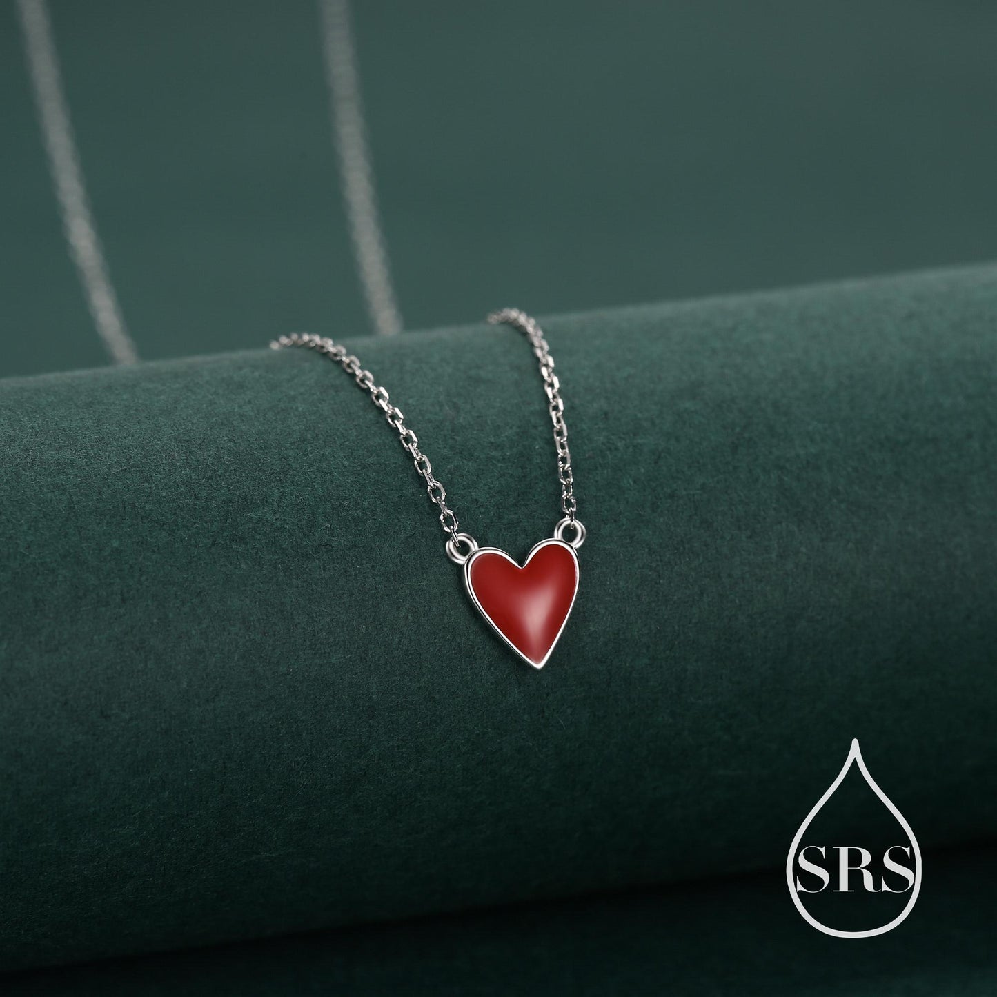 Red Enamel Heart Pendant Necklace in Sterling Silver, Red Heart Necklace, Dainty and Tiny