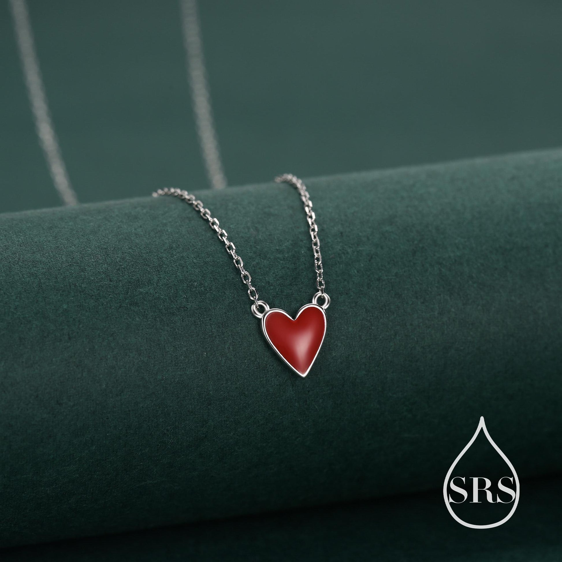 Red Enamel Heart Pendant Necklace in Sterling Silver, Red Heart Necklace, Dainty and Tiny