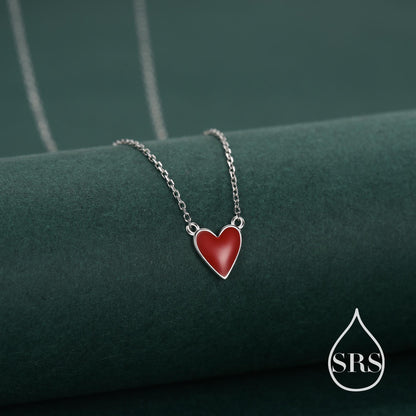 Red Enamel Heart Pendant Necklace in Sterling Silver, Red Heart Necklace, Dainty and Tiny
