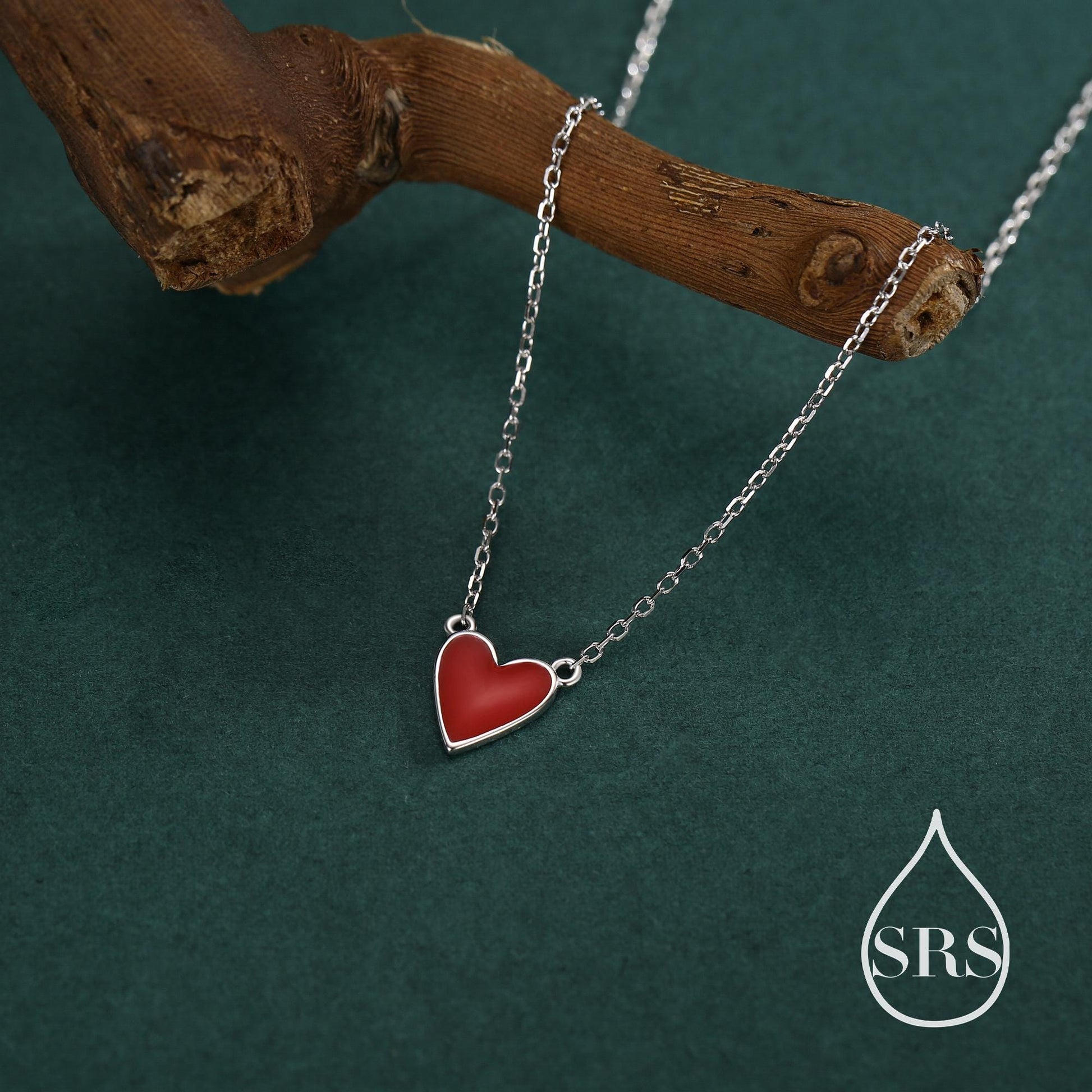 Red Enamel Heart Pendant Necklace in Sterling Silver, Red Heart Necklace, Dainty and Tiny