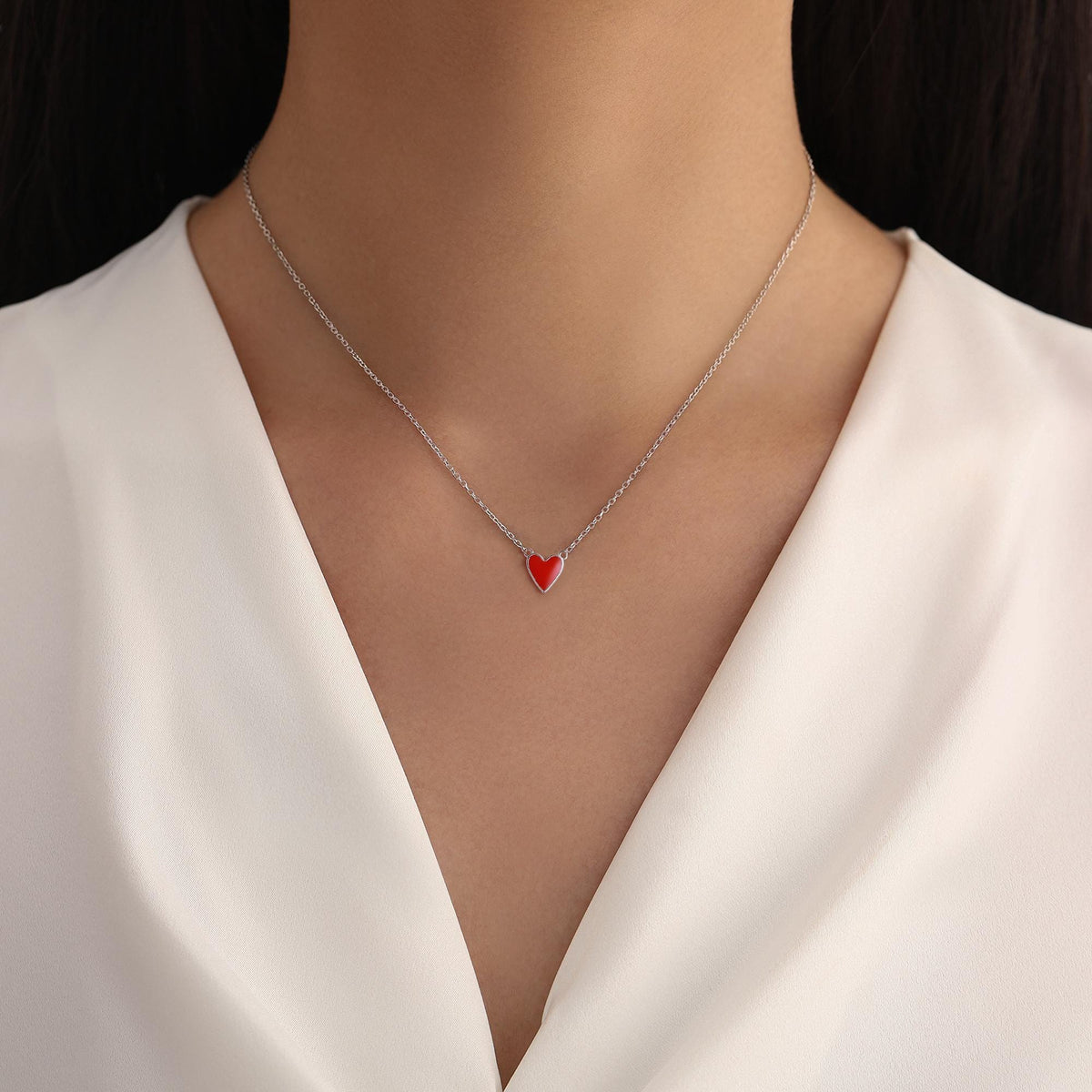 Teal Blue or Red Enamel Heart Pendant Necklace in Sterling Silver