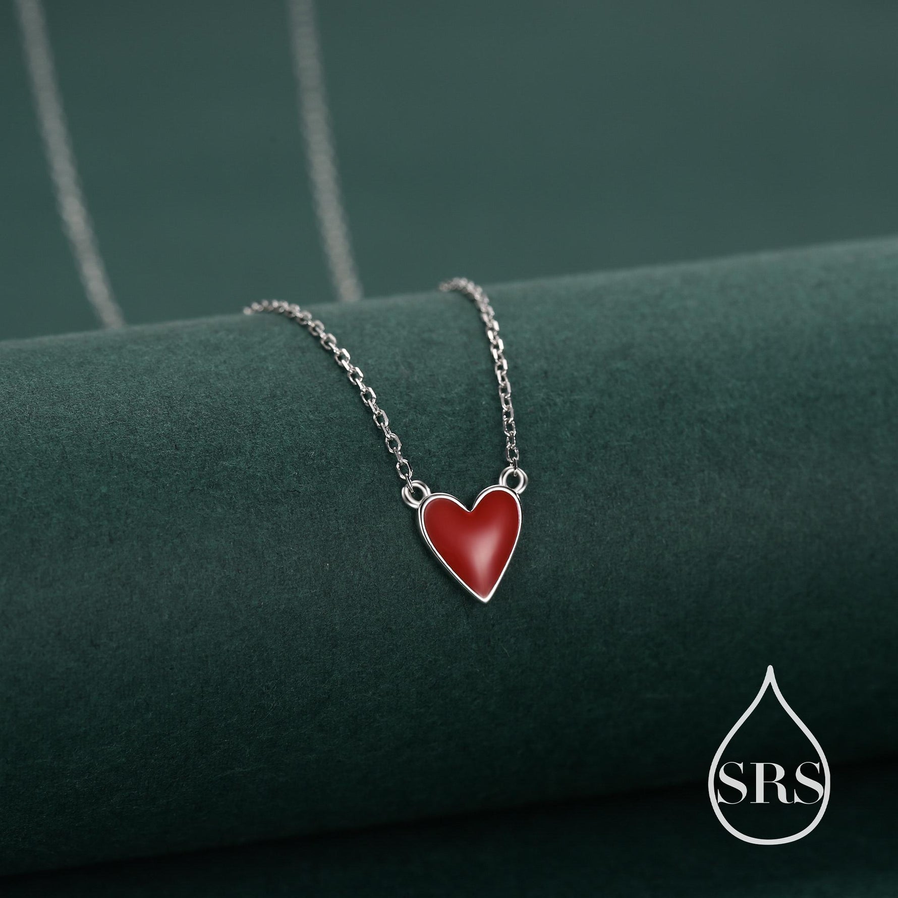 Teal Blue or Red Enamel Heart Pendant Necklace in Sterling Silver