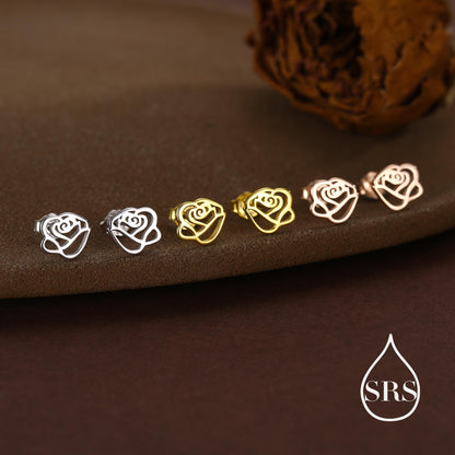 Cut-out Rose Flower Stud Earrings in Sterling Silver, Delicate Botanical Earrings