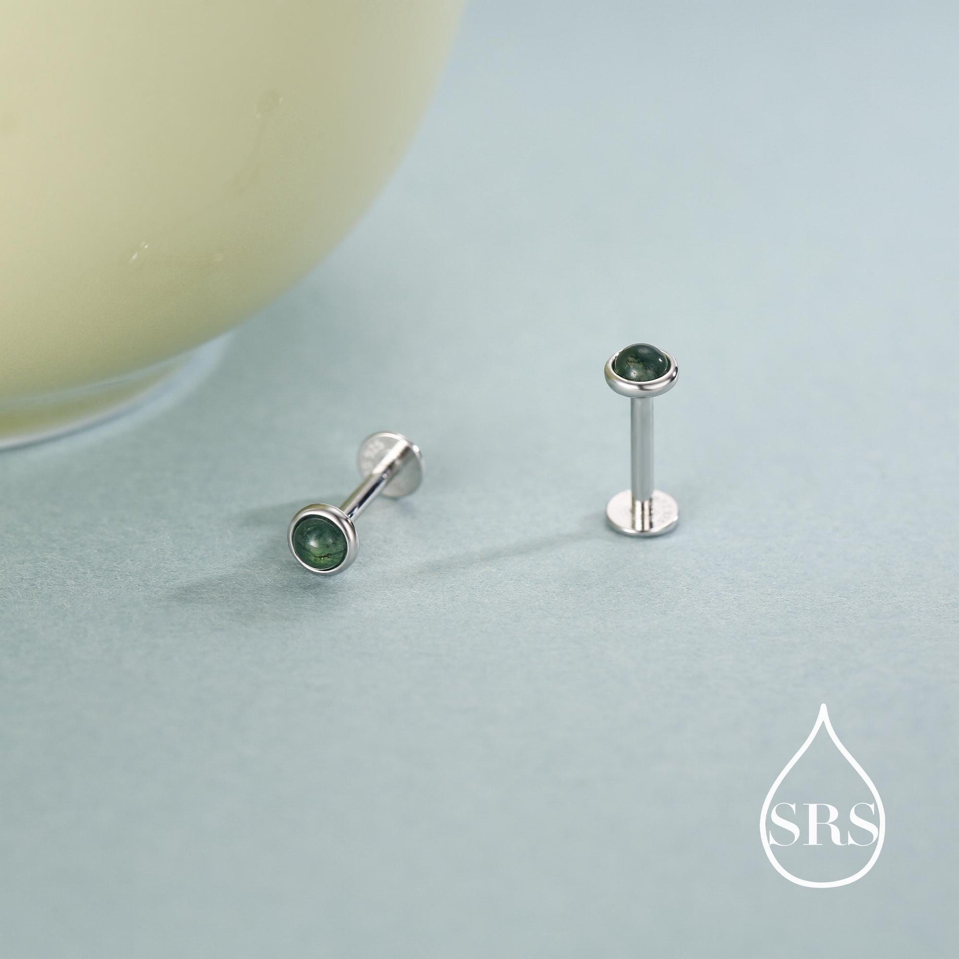 Natural Moss Agate 16G 8mm Flat Back Earrings in Sterling Silver, 3mm, 4mm, 5mm and 6mm, Genuine Moss Agate Gemstone Stud