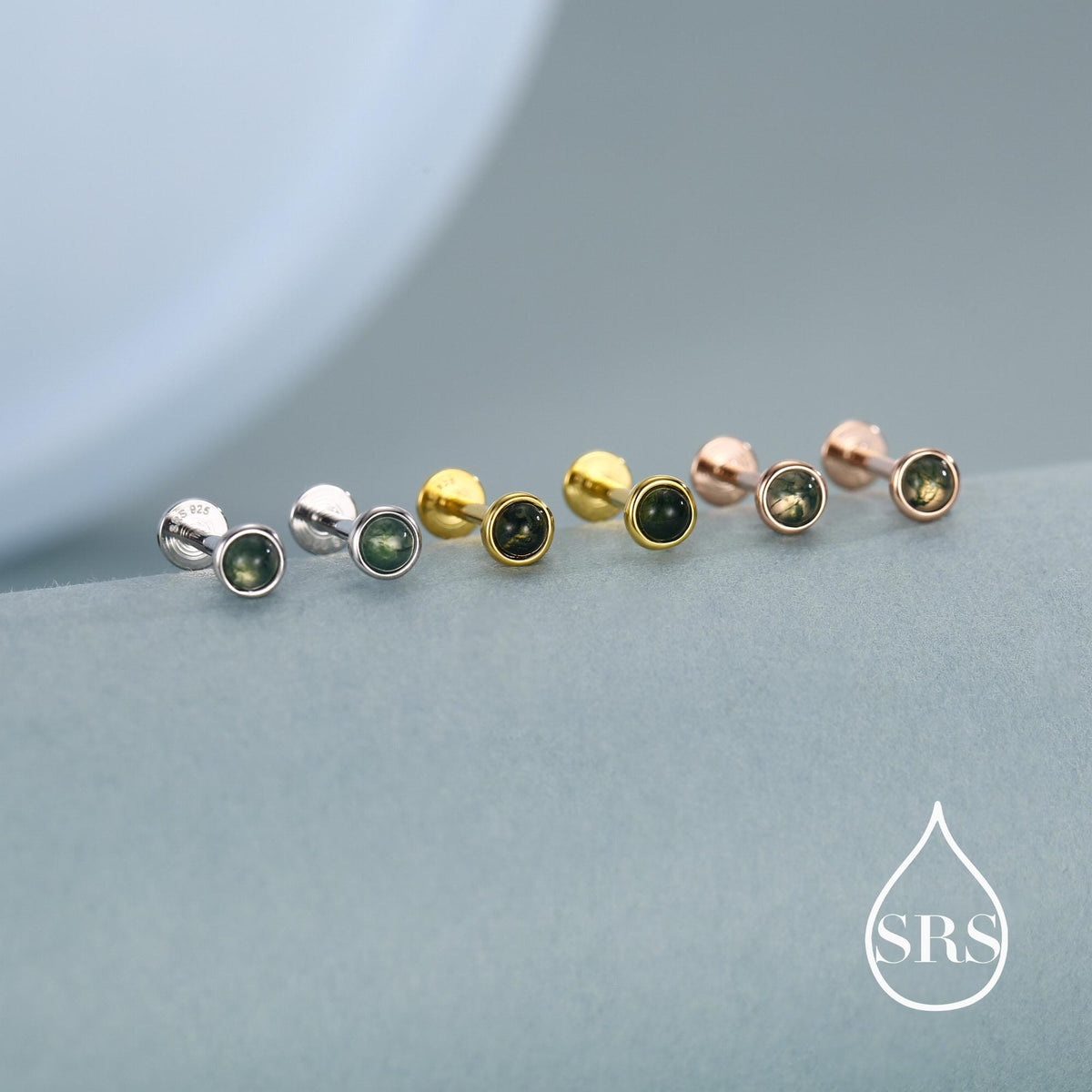 Natural Moss Agate 16G Flat Back Earrings in Sterling Silver, 3mm, 4mm, 5mm and 6mm, Genuine Moss Agate Gemstone Stud