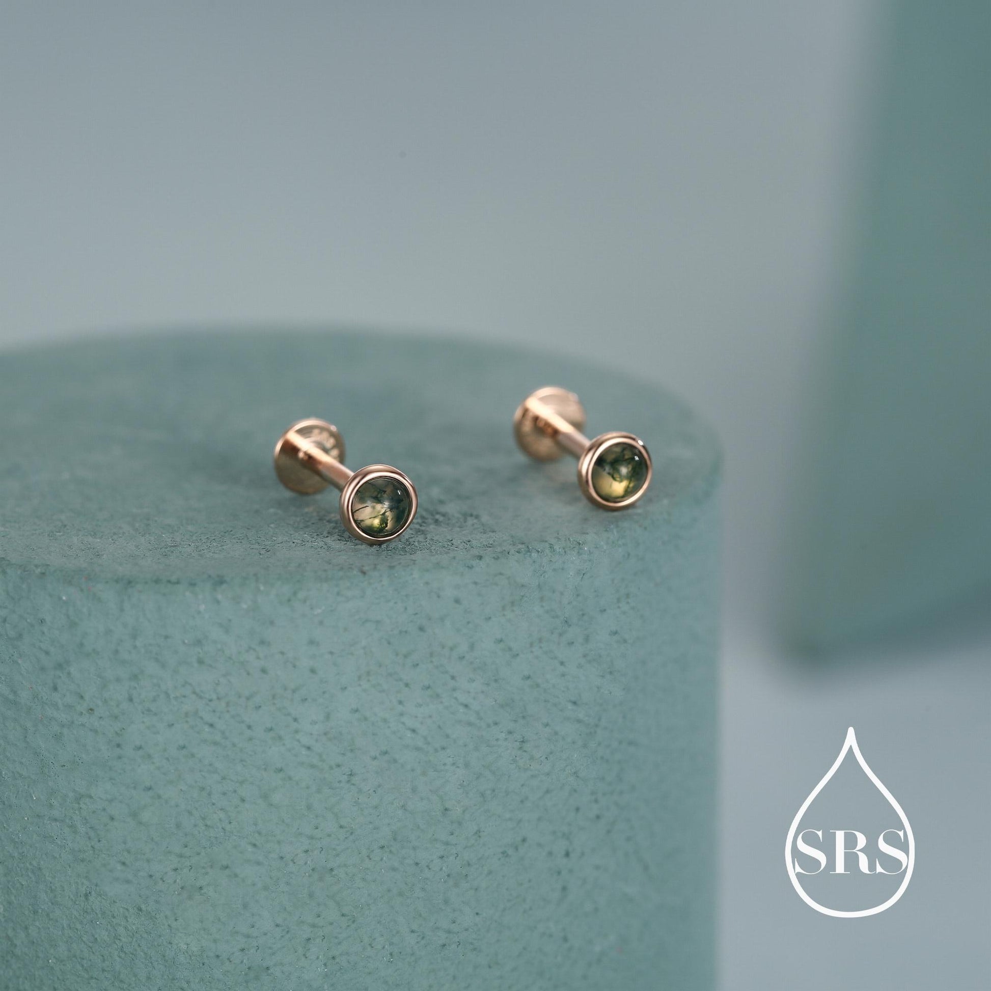 Natural Moss Agate 16G 8mm Flat Back Earrings in Sterling Silver, 3mm, 4mm, 5mm and 6mm, Genuine Moss Agate Gemstone Stud