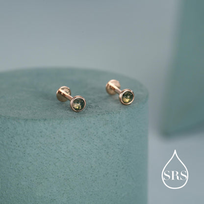 Natural Moss Agate 16G 8mm Flat Back Earrings in Sterling Silver, 3mm, 4mm, 5mm and 6mm, Genuine Moss Agate Gemstone Stud