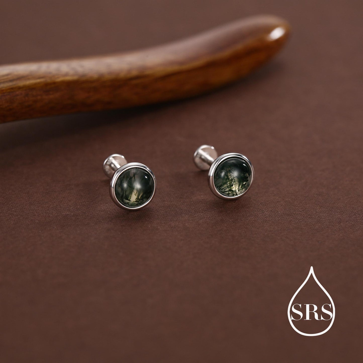 Natural Moss Agate 16G 8mm Flat Back Earrings in Sterling Silver, 3mm, 4mm, 5mm and 6mm, Genuine Moss Agate Gemstone Stud