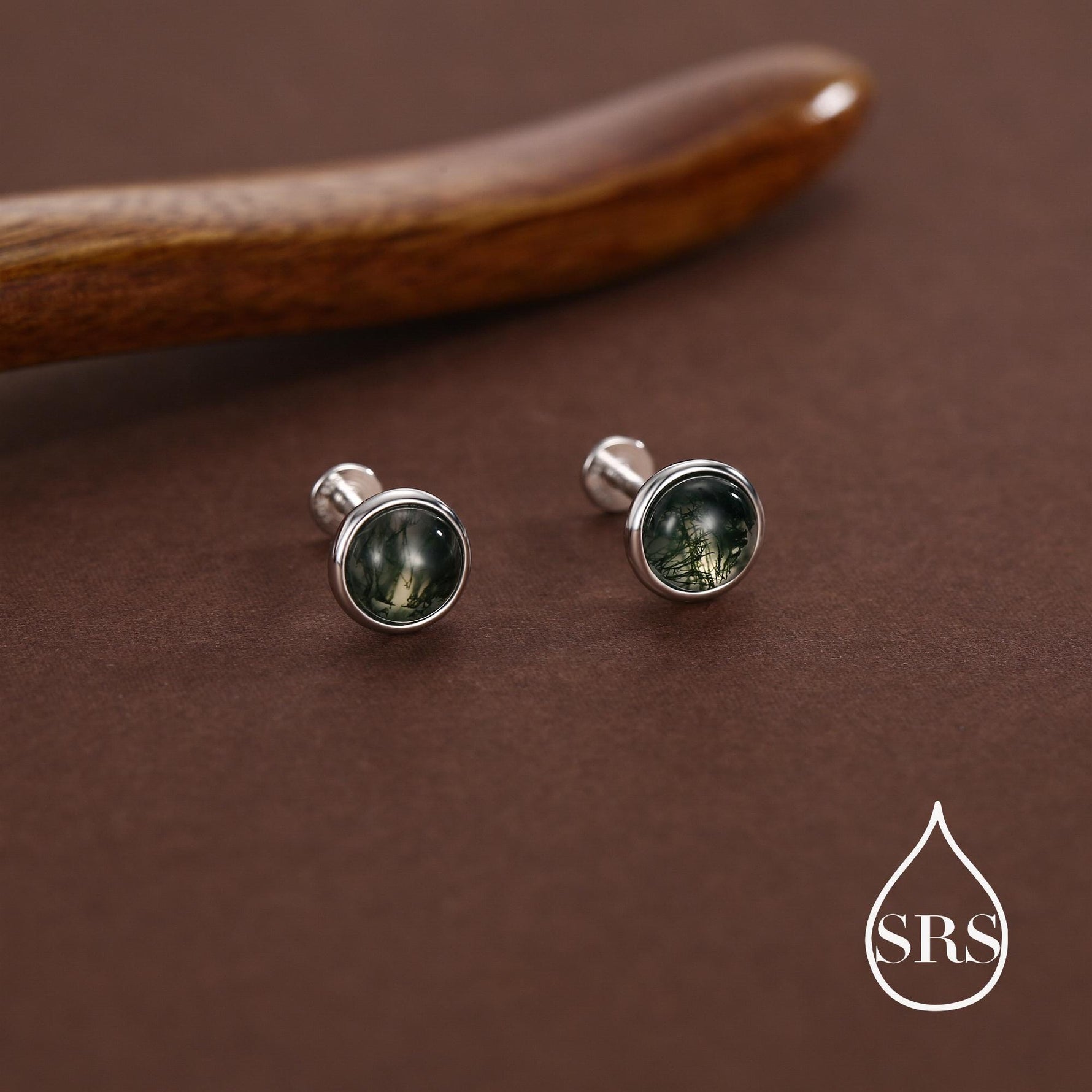 Natural Moss Agate 16G Flat Back Earrings in Sterling Silver, 3mm, 4mm, 5mm and 6mm, Genuine Moss Agate Gemstone Stud