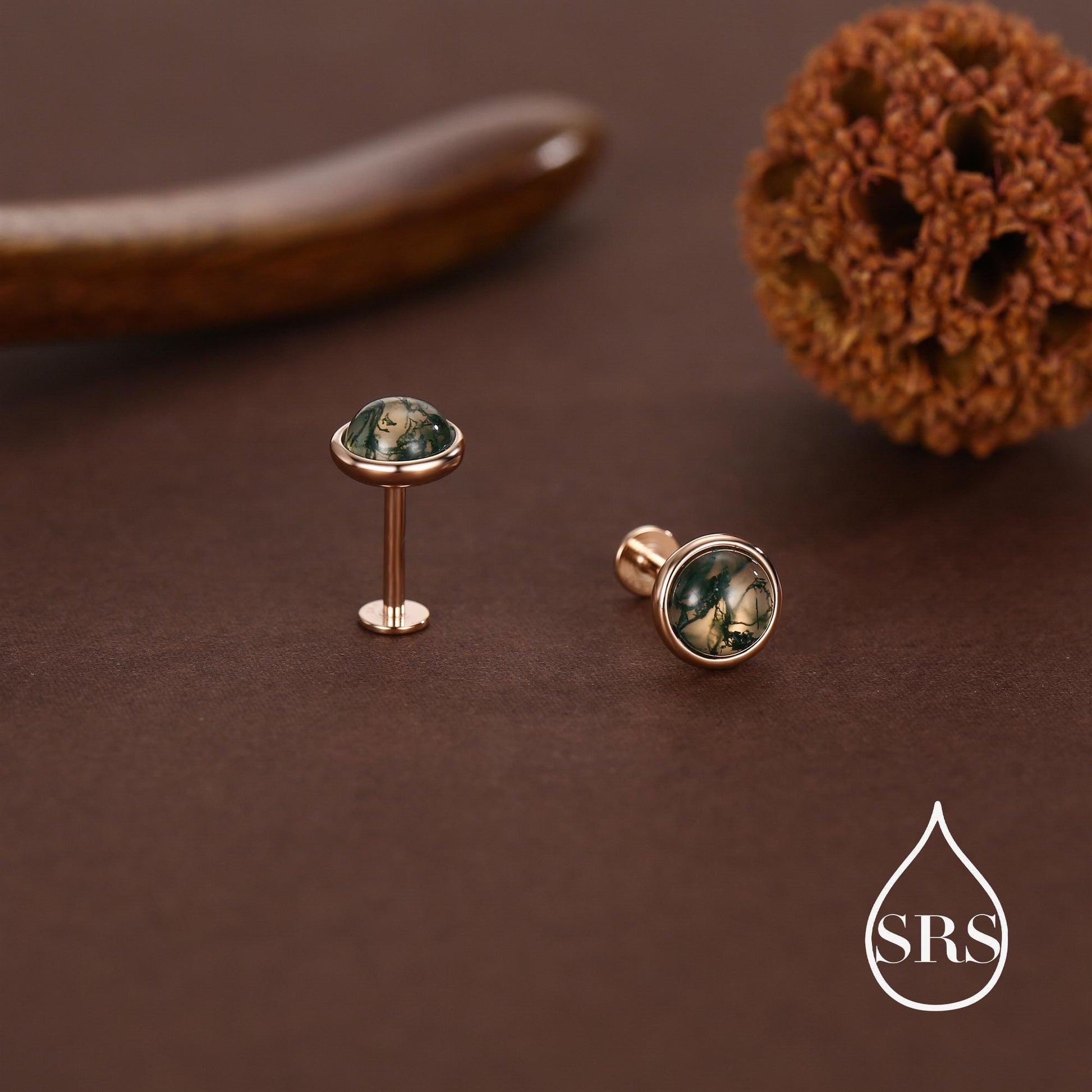 Natural Moss Agate 16G 8mm Flat Back Earrings in Sterling Silver, 3mm, 4mm, 5mm and 6mm, Genuine Moss Agate Gemstone Stud