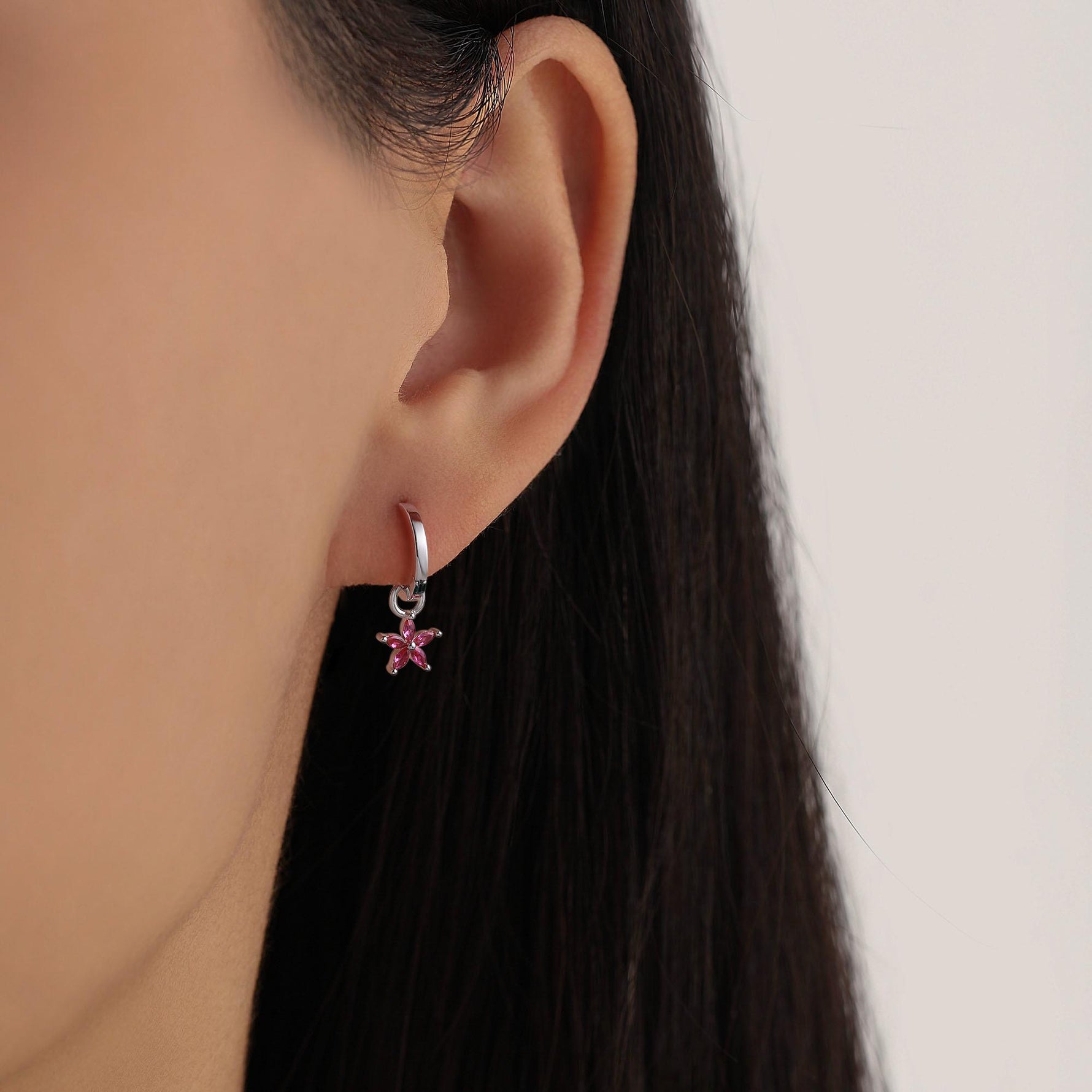 Fuchsia Red Flower CZ Huggie Hoop in Sterling Silver, Silver or Gold, Minimalist Simple Hoop Earrings, Detachable and Interchangeable