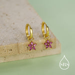 Fuchsia Red Flower CZ Huggie Hoop in Sterling Silver, Silver or Gold, Minimalist Simple Hoop Earrings, Detachable and Interchangeable