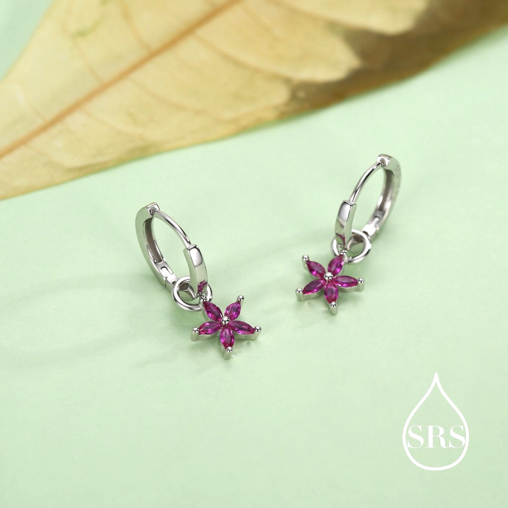 Fuchsia Red Flower CZ Huggie Hoop in Sterling Silver, Silver or Gold, Minimalist Simple Hoop Earrings, Detachable and Interchangeable