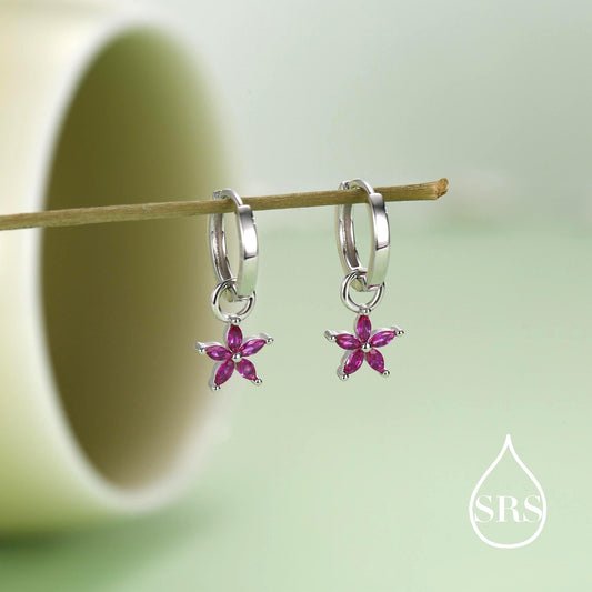 Fuchsia Red Flower CZ Huggie Hoop in Sterling Silver, Silver or Gold, Minimalist Simple Hoop Earrings, Detachable and Interchangeable