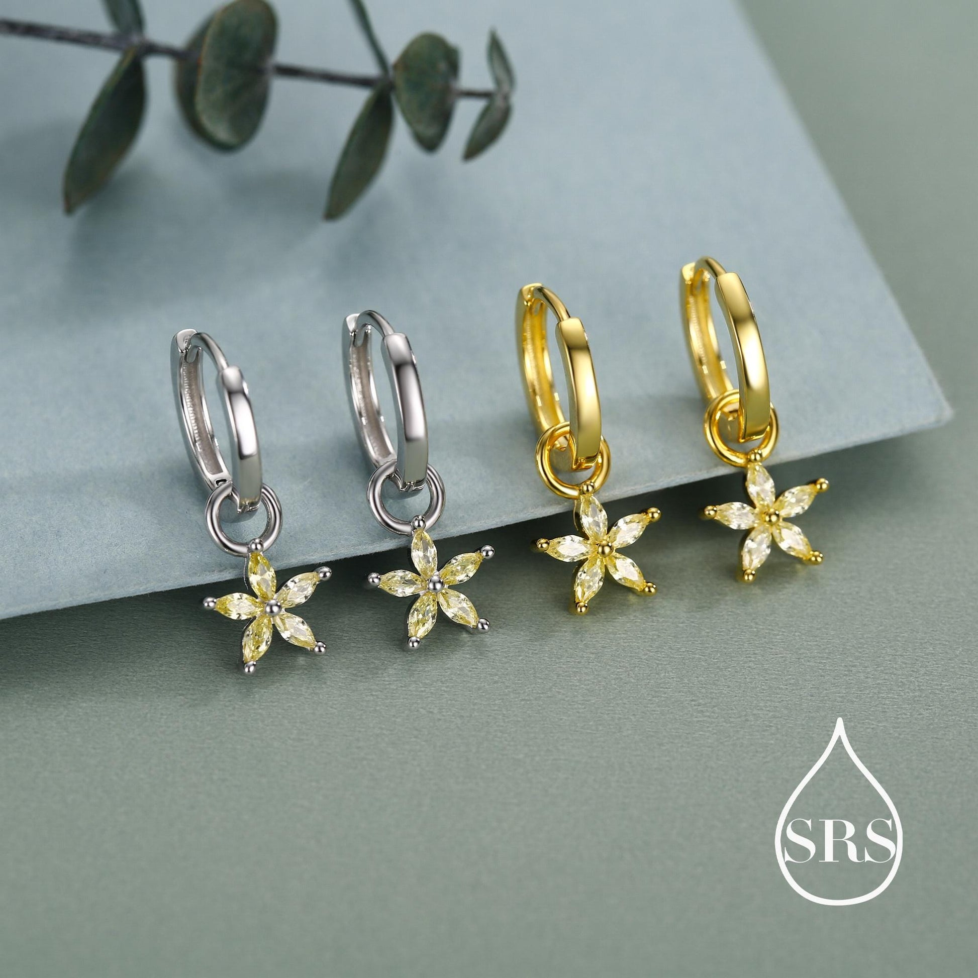 Citrine Yellow Flower CZ Huggie Hoop in Sterling Silver, Silver or Gold, November Birthstone, Detachable and Interchangeable