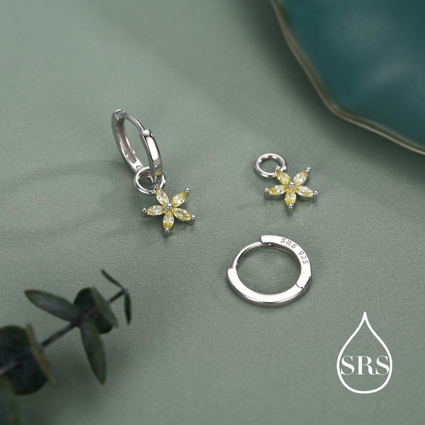 Citrine Yellow Flower CZ Huggie Hoop in Sterling Silver, Silver or Gold, November Birthstone, Detachable and Interchangeable