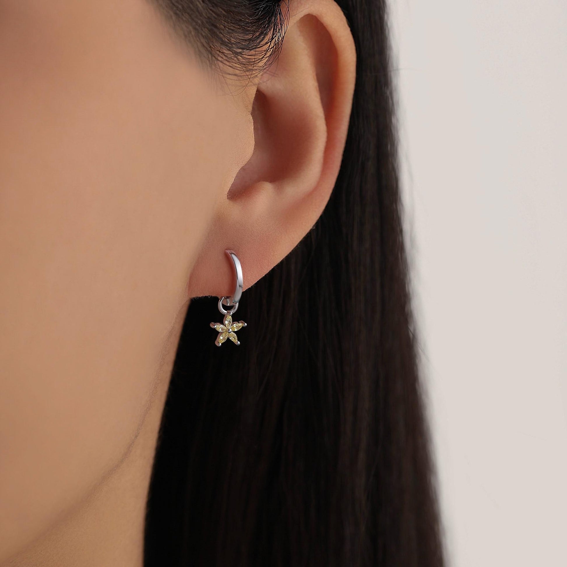 Citrine Yellow Flower CZ Huggie Hoop in Sterling Silver, Silver or Gold, November Birthstone, Detachable and Interchangeable