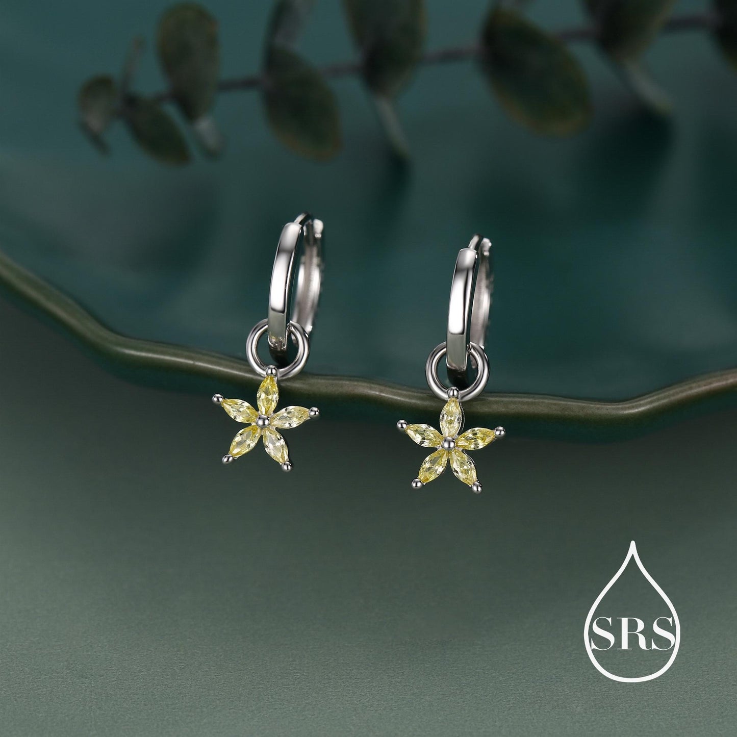 Citrine Yellow Flower CZ Huggie Hoop in Sterling Silver, Silver or Gold, November Birthstone, Detachable and Interchangeable