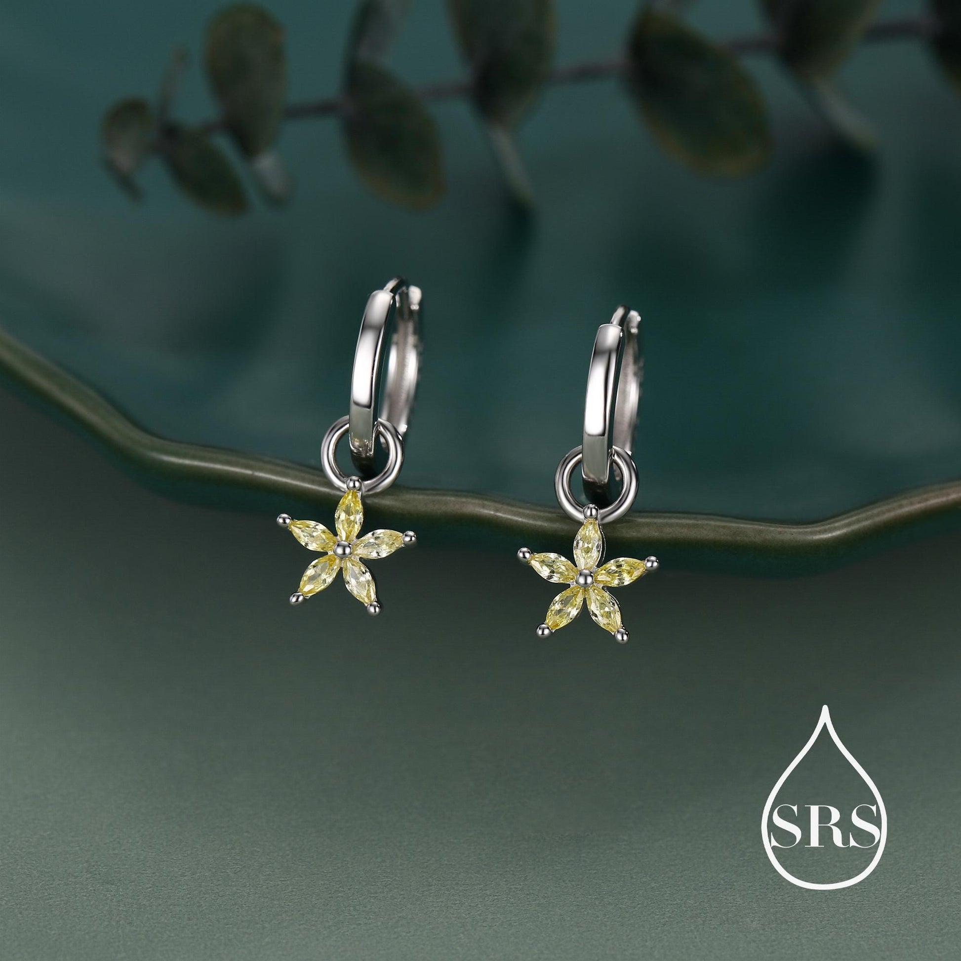 Citrine Yellow Flower CZ Huggie Hoop in Sterling Silver, Silver or Gold, November Birthstone, Detachable and Interchangeable