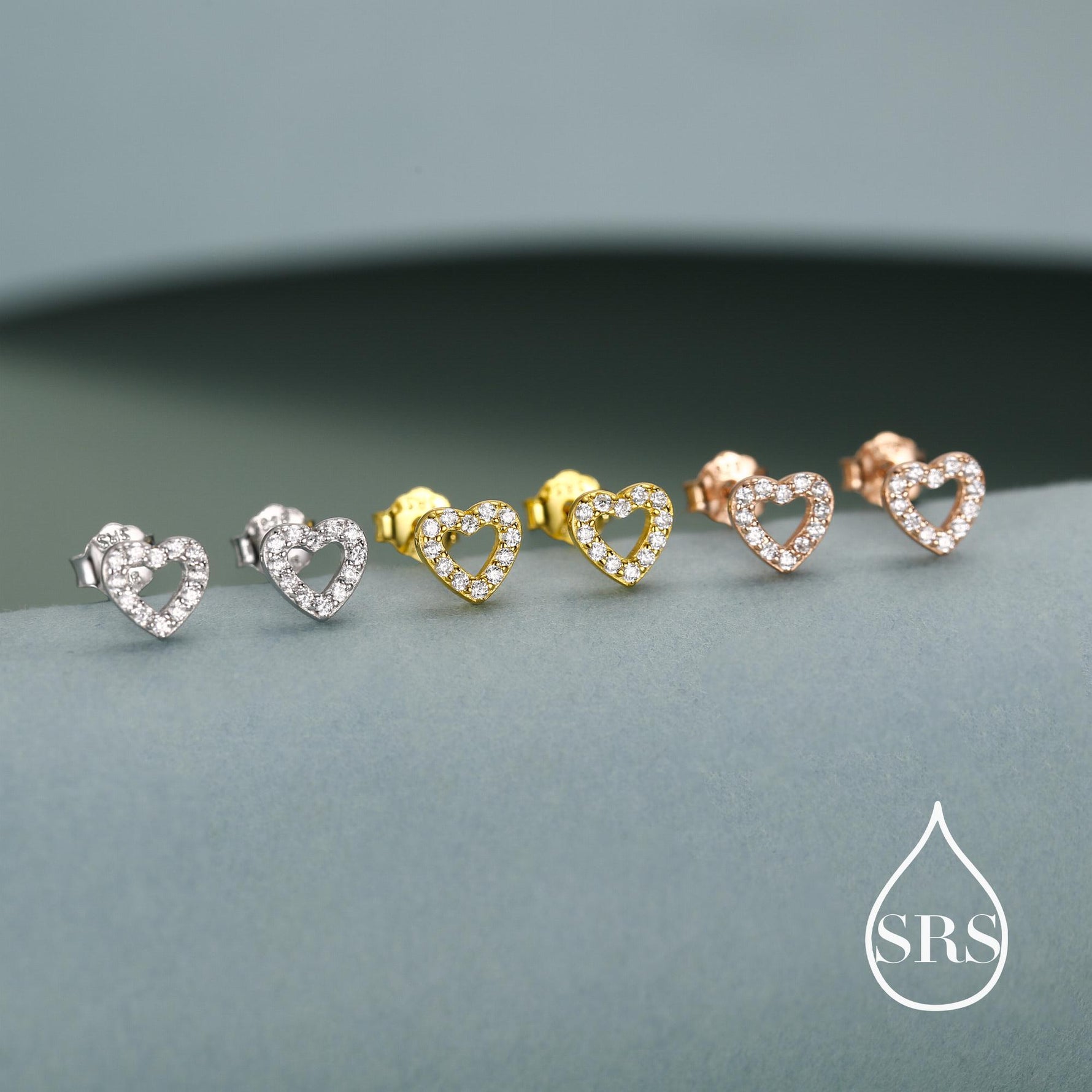 Tiny Open Heart Stud Earrings in Sterling Silver, Silver or Gold, CZ Heart Stud