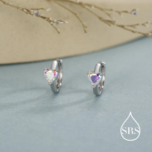 Aurora Heart Huggie Hoop in Sterling Silver, Silver or Gold, 8mm Inner Diameter, AB Crystal Heart Stacking Earrings, Colour Changing AB CZ