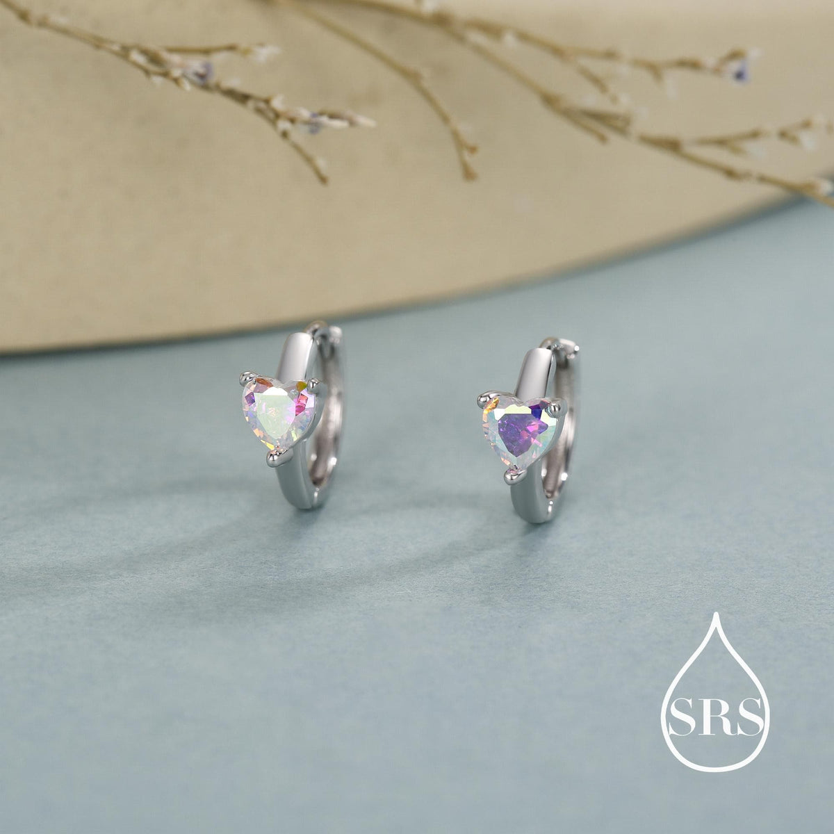 Aurora Heart Huggie Hoop in Sterling Silver, Silver or Gold, 8mm Inner Diameter, AB Crystal Heart Stacking Earrings, Colour Changing AB CZ