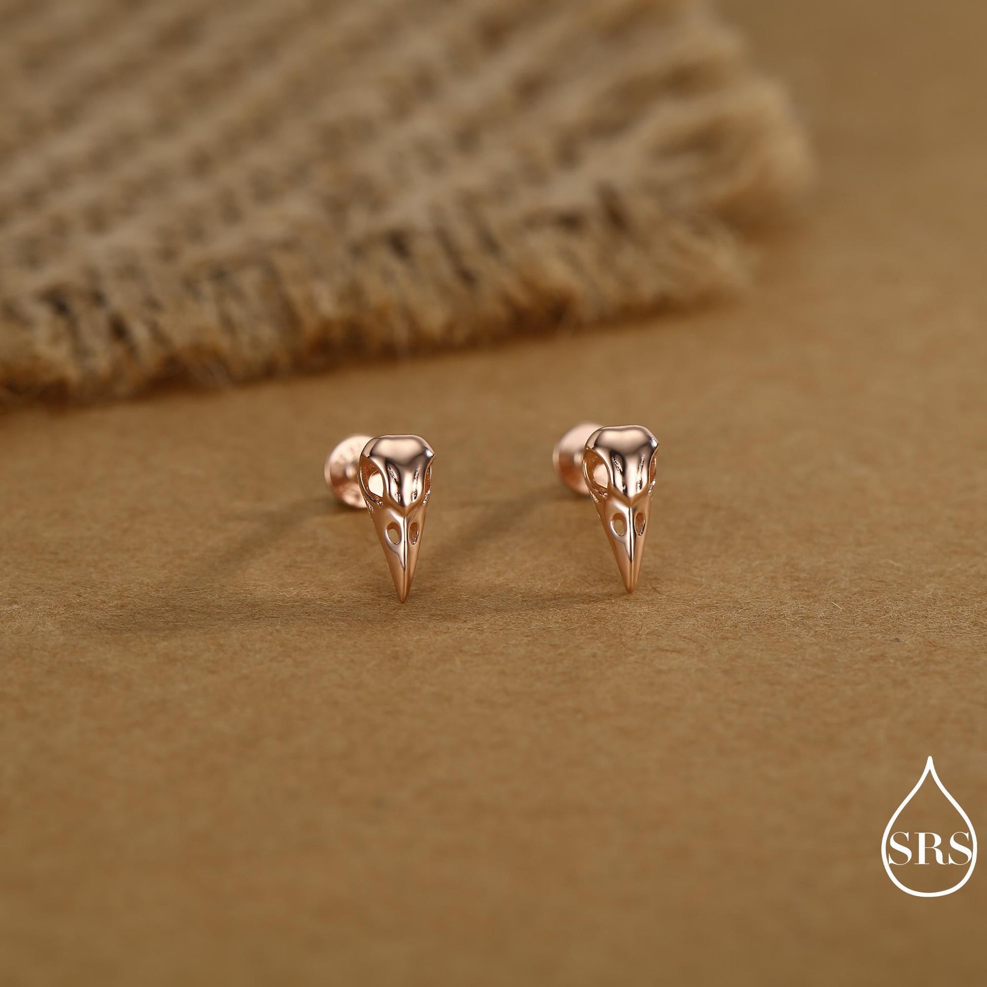 Sterling Silver Bird Skull Internally Threaded Flat Back / Screw Back / Stud Earrings, Silver, Gold or Rose Gold, Bird Skeleton Earrings