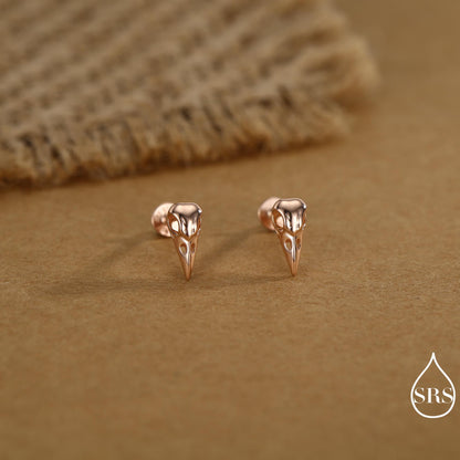 Sterling Silver Bird Skull Internally Threaded Flat Back / Screw Back / Stud Earrings, Silver, Gold or Rose Gold, Bird Skeleton Earrings