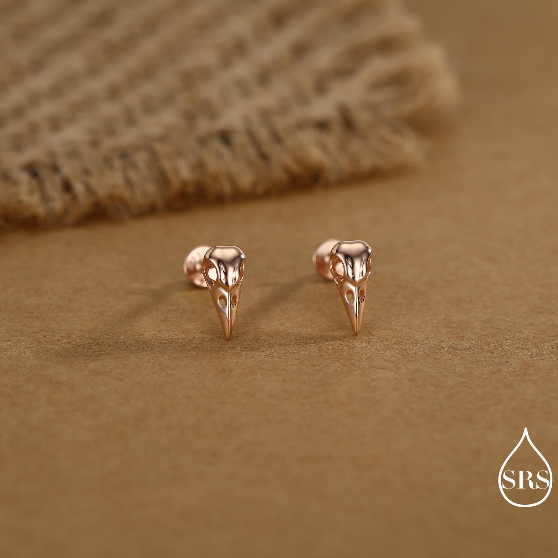 Sterling Silver Bird Skull Internally Threaded Flat Back Earrings, Silver, Gold or Rose Gold, Bird Skeleton Earrings