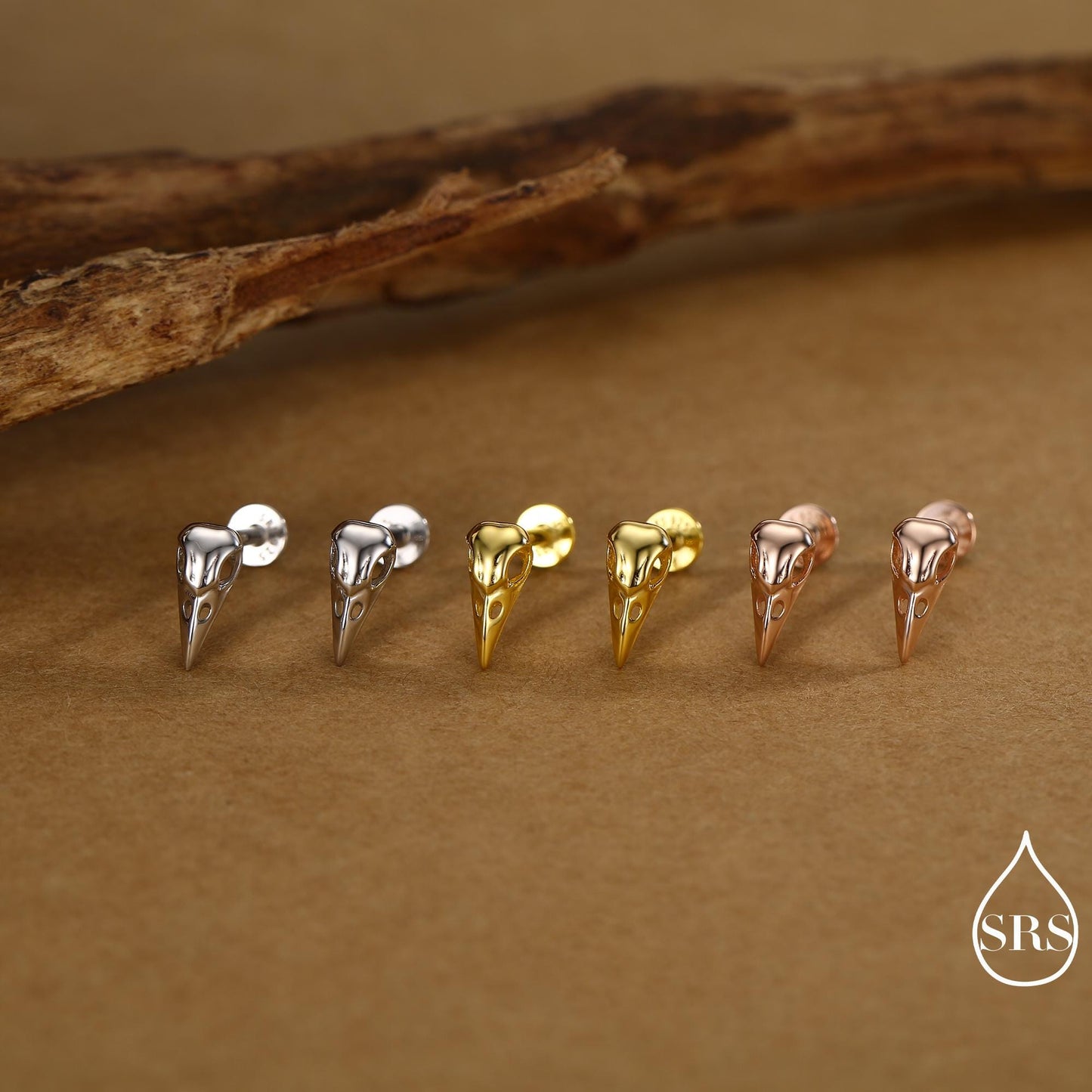 Sterling Silver Bird Skull Internally Threaded Flat Back / Screw Back / Stud Earrings, Silver, Gold or Rose Gold, Bird Skeleton Earrings