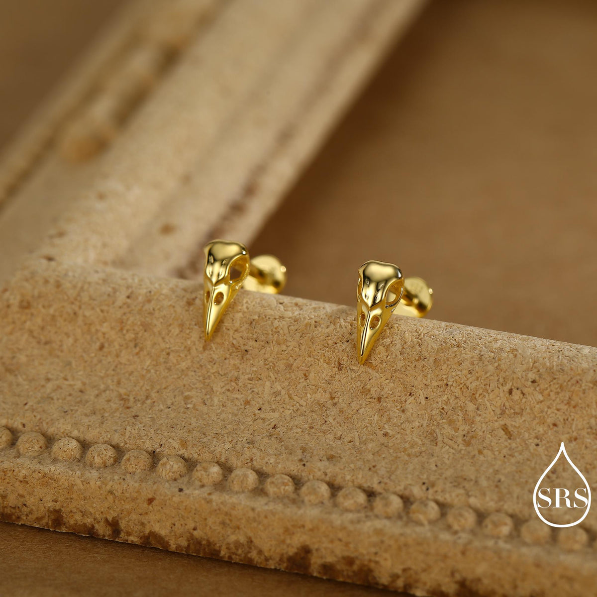 Sterling Silver Bird Skull Internally Threaded Flat Back Earrings, Silver, Gold or Rose Gold, Bird Skeleton Earrings