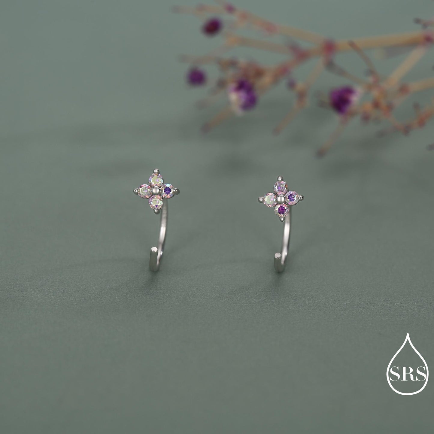 CZ Hydrangea Flower Huggie Hoop Earrings in Sterling Silver, Aurora AB Crystal, Tiny CZ Open Hoops, Pull Through Threaders,