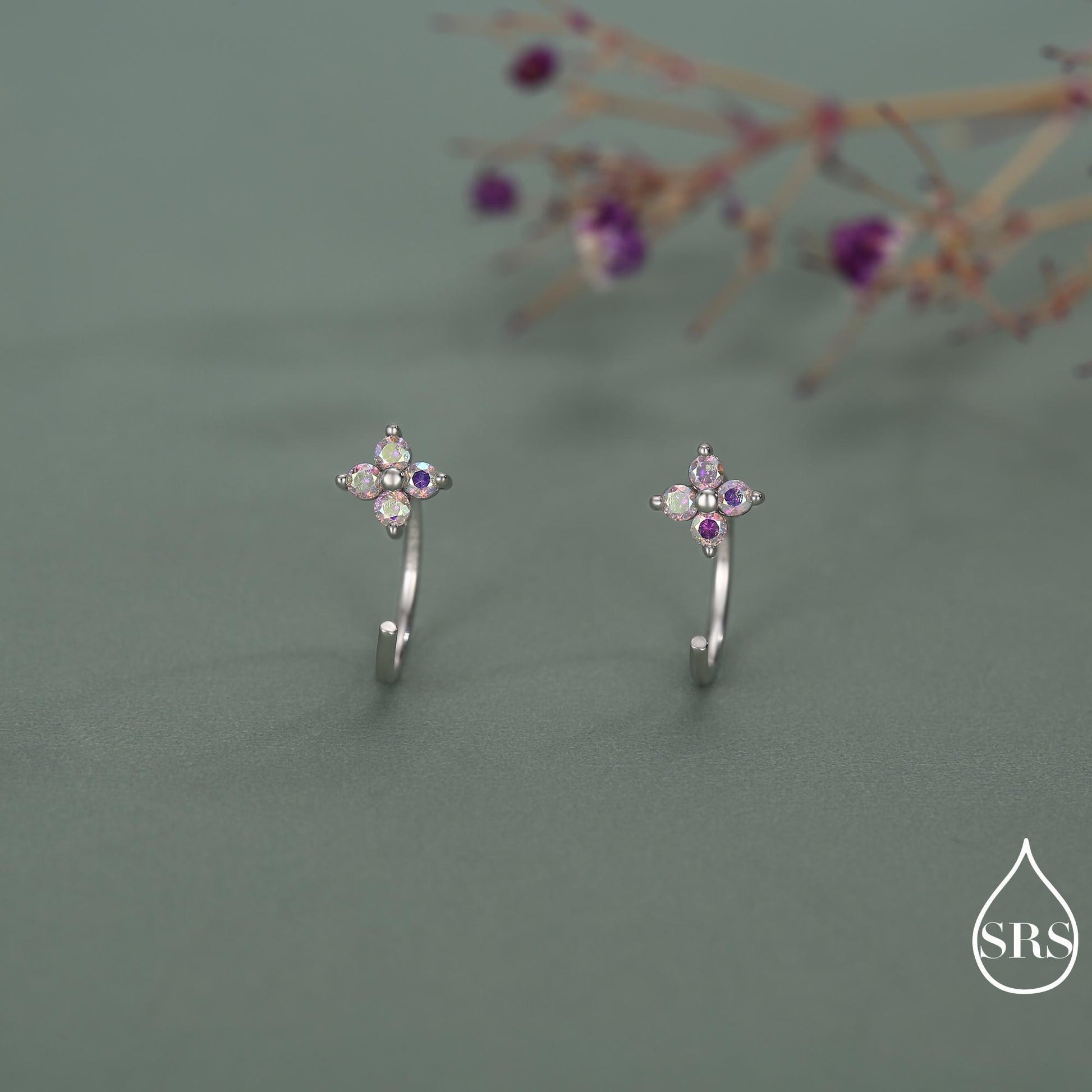 CZ Hydrangea Flower Huggie Hoop Earrings in Sterling Silver, Aurora AB Crystal, Tiny CZ Open Hoops, Pull Through Threaders,