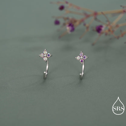 CZ Hydrangea Flower Huggie Hoop Earrings in Sterling Silver, Aurora AB Crystal, Tiny CZ Open Hoops, Pull Through Threaders,