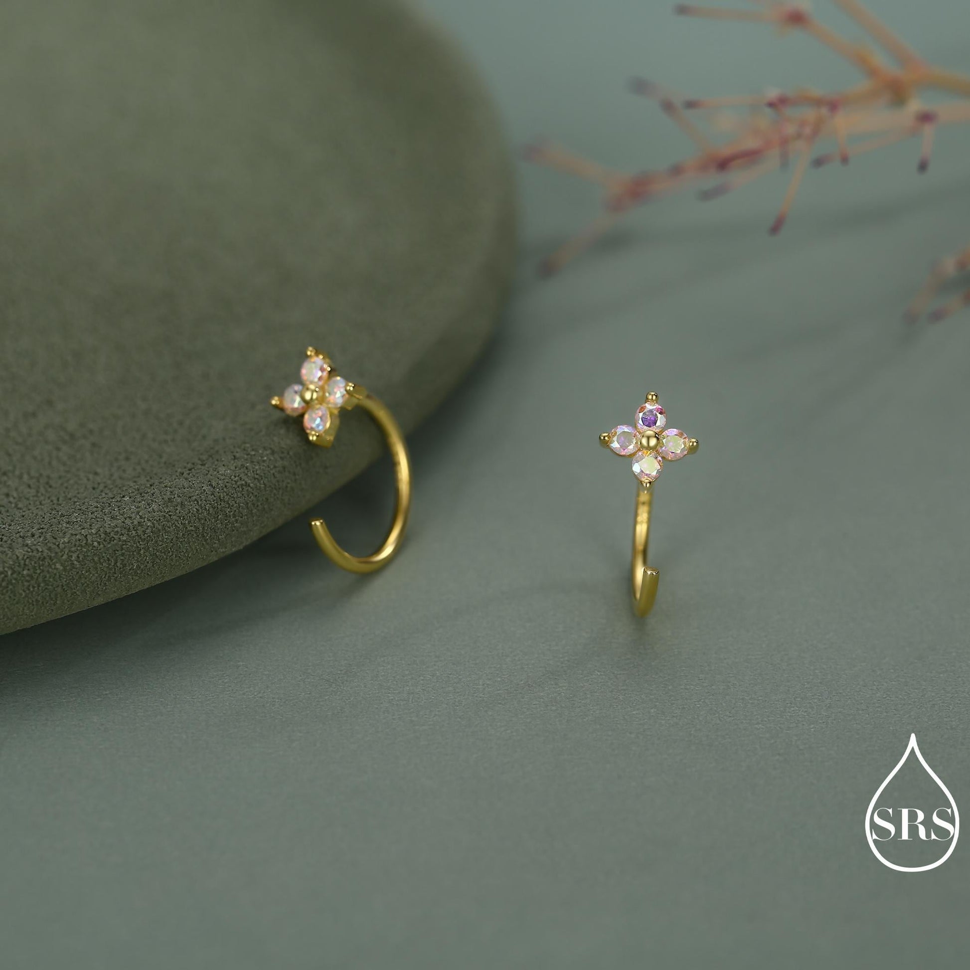 CZ Hydrangea Flower Huggie Hoop Earrings in Sterling Silver, Aurora AB Crystal, Tiny CZ Open Hoops, Pull Through Threaders,