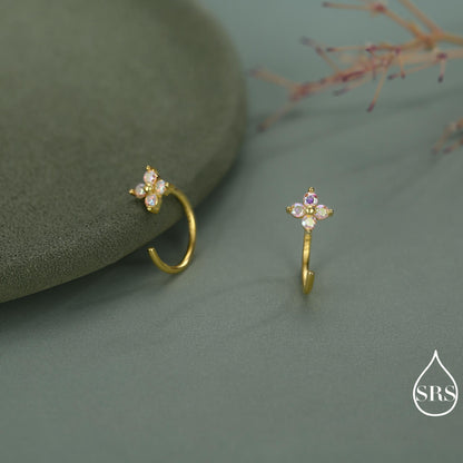 CZ Hydrangea Flower Huggie Hoop Earrings in Sterling Silver, Aurora AB Crystal, Tiny CZ Open Hoops, Pull Through Threaders,