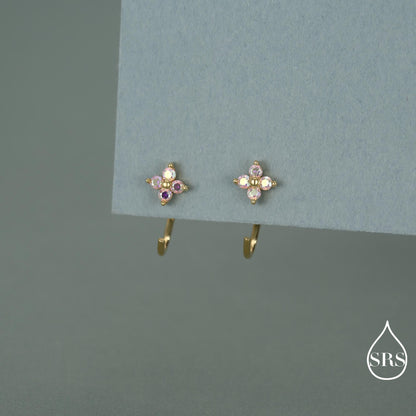 CZ Hydrangea Flower Huggie Hoop Earrings in Sterling Silver, Aurora AB Crystal, Tiny CZ Open Hoops, Pull Through Threaders,