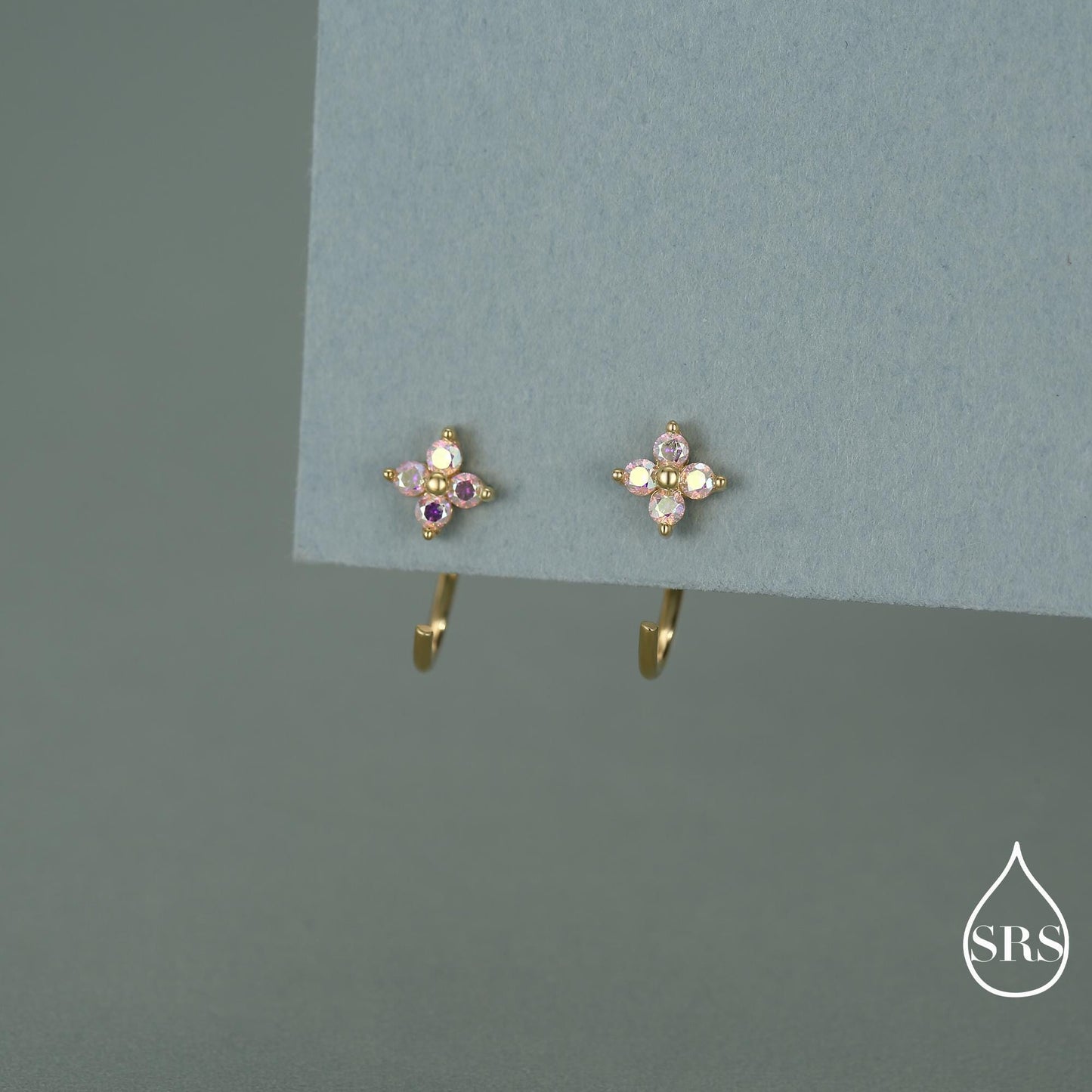 CZ Hydrangea Flower Huggie Hoop Earrings in Sterling Silver, Aurora AB Crystal, Tiny CZ Open Hoops, Pull Through Threaders,