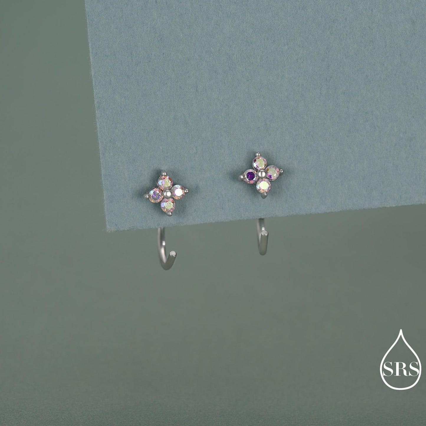 CZ Hydrangea Flower Huggie Hoop Earrings in Sterling Silver, Aurora AB Crystal, Tiny CZ Open Hoops, Pull Through Threaders,